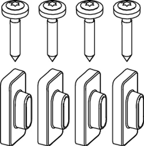 Montageset von TECE mit verschiedenen Schrauben und Unterlegscheiben, dargestellt in schematischer Ansicht.